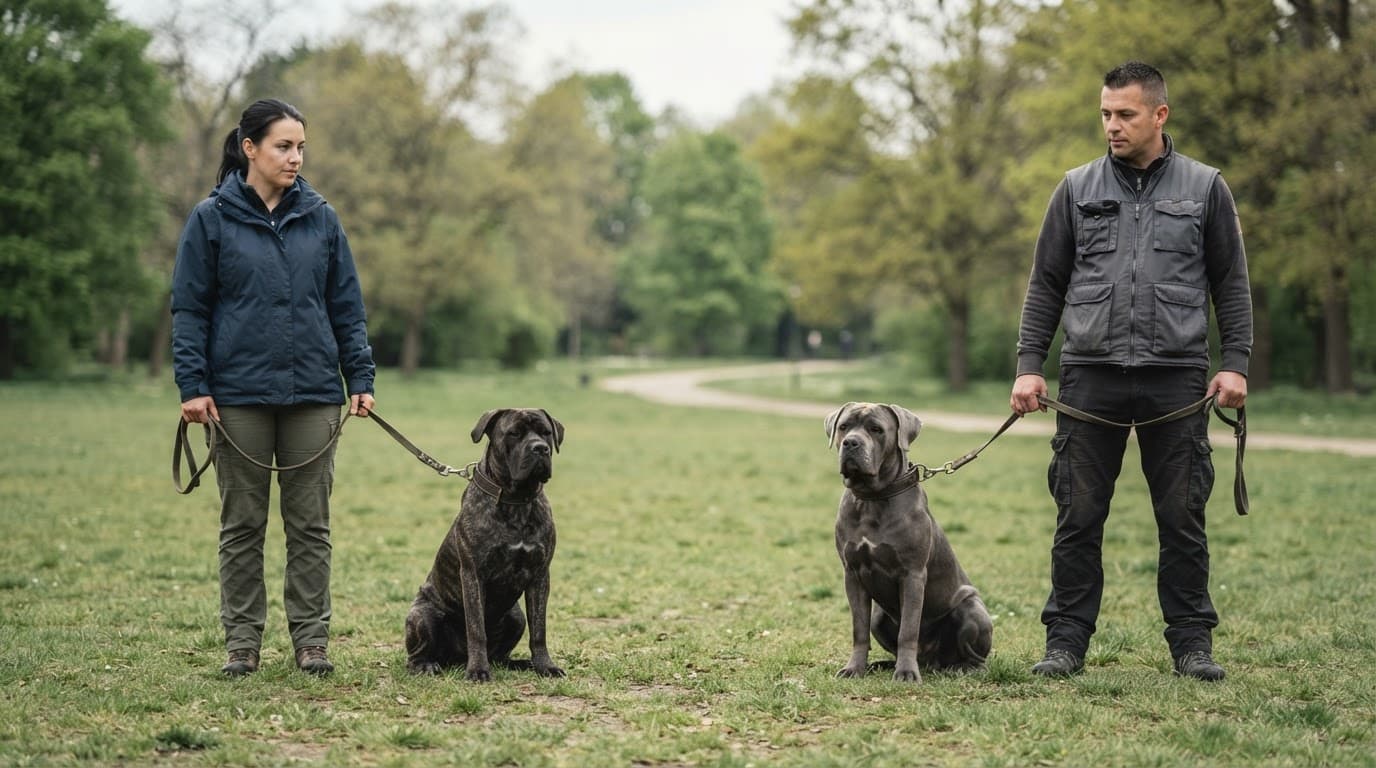 Two large dogs sit apart on loose leashes in a grassy park.