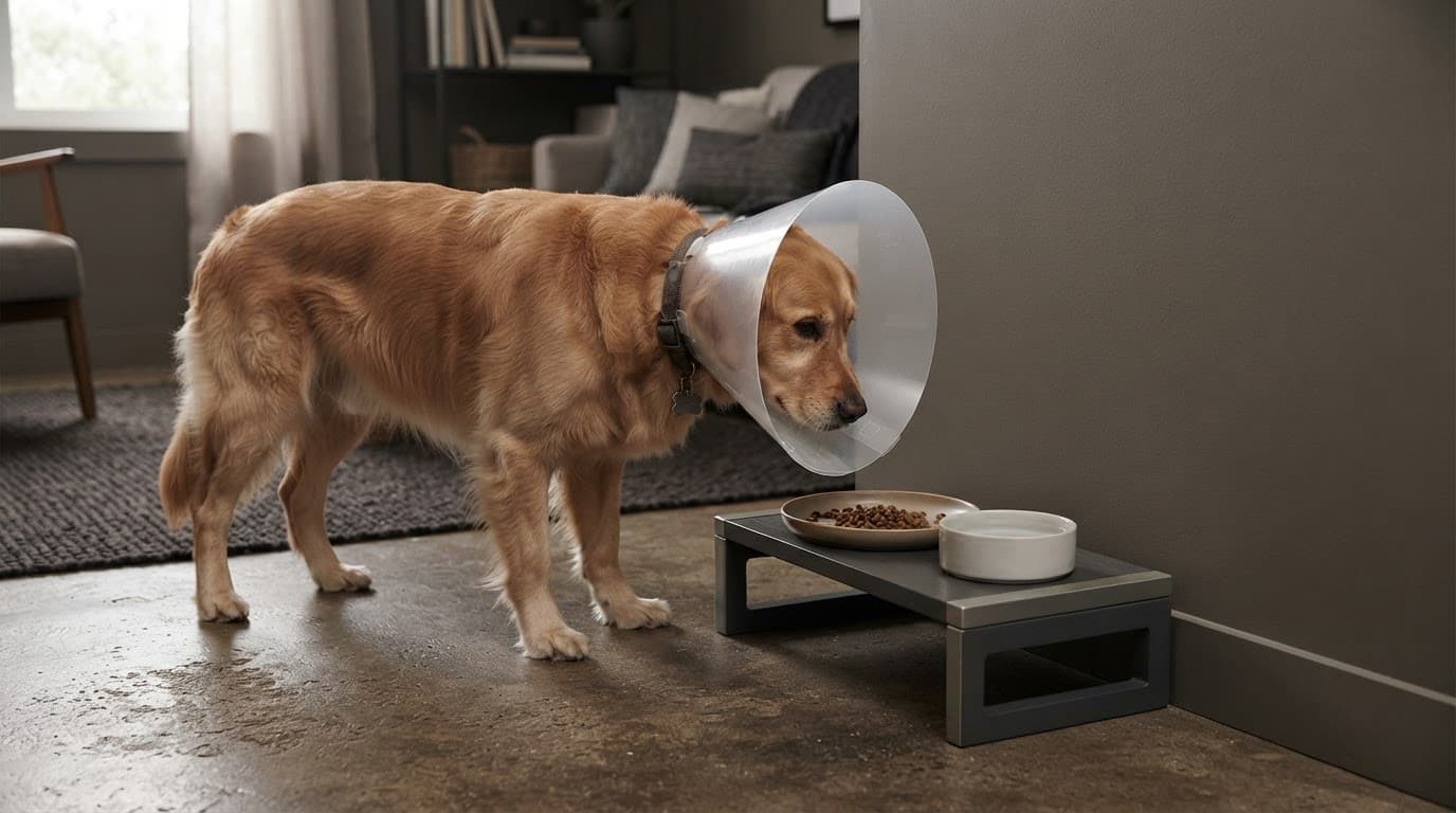 A coned dog approaches a raised feeding station with food and water.