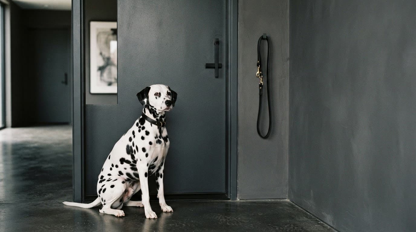 A Dalmatian waits beside an apartment door with a nearby leash.