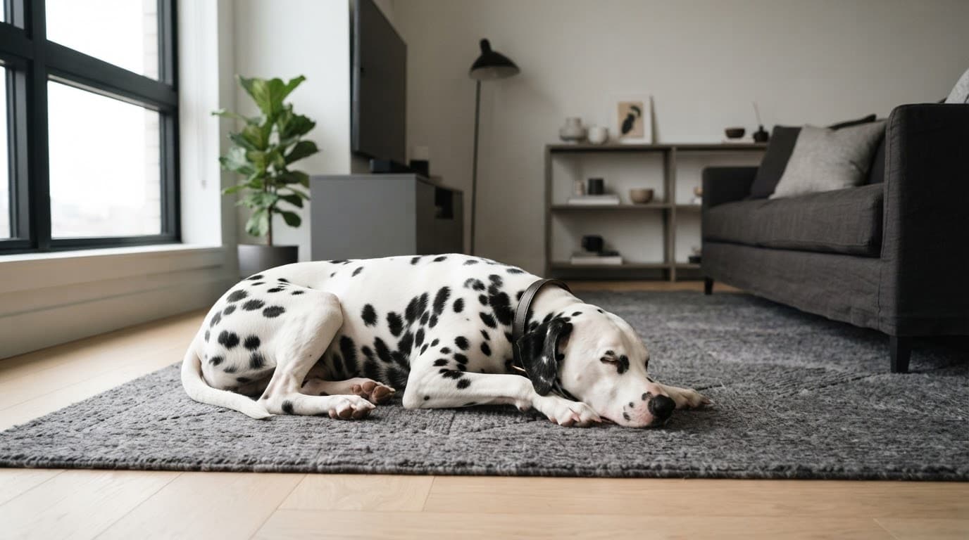 A Dalmatian resting on a rug in a softly lit modern apartment living room.