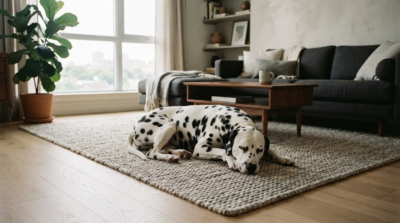 A Dalmatian resting on a woven rug in a softly lit apartment living room.