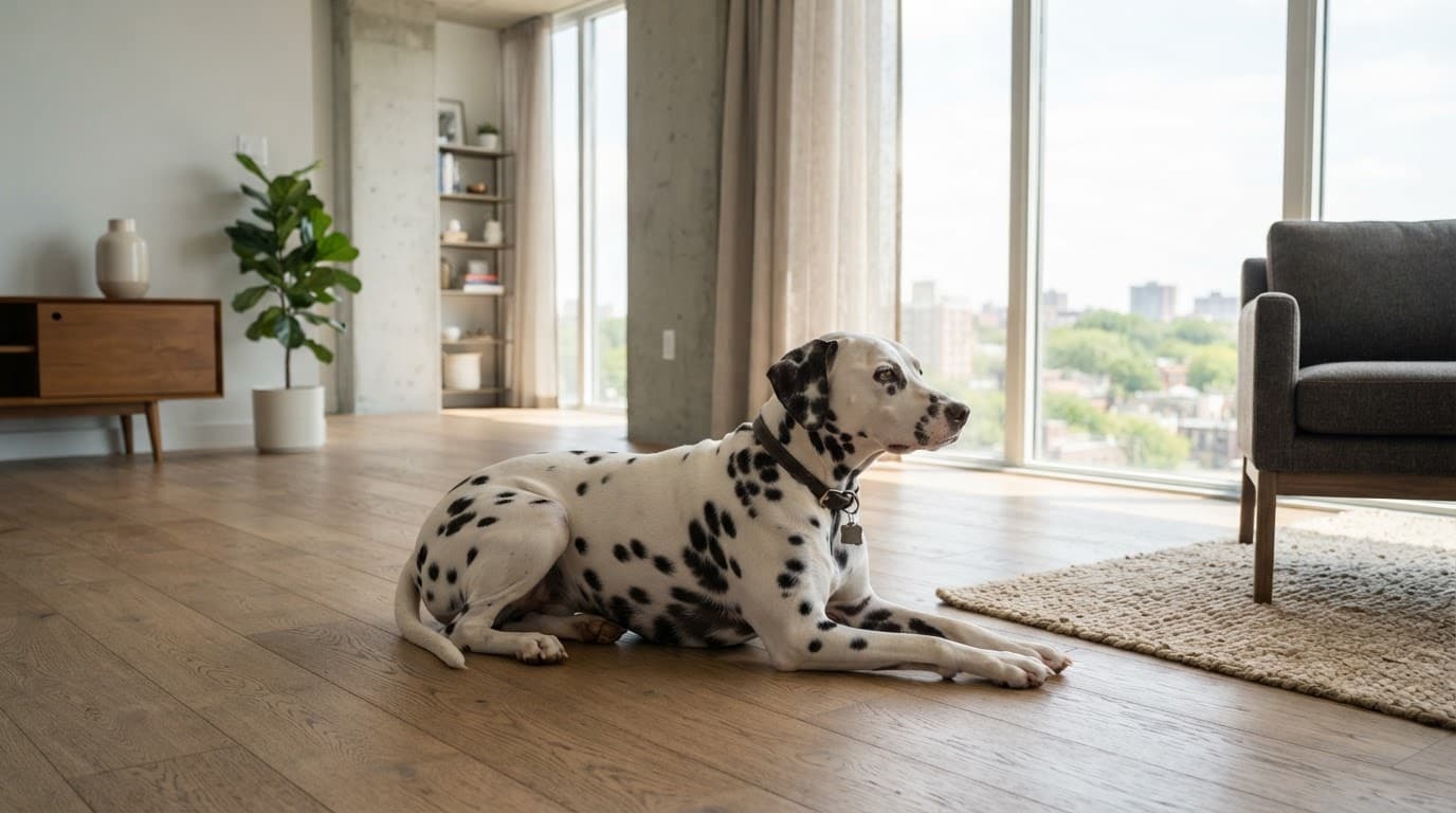 A Dalmatian resting on a wooden floor beside bright apartment windows.