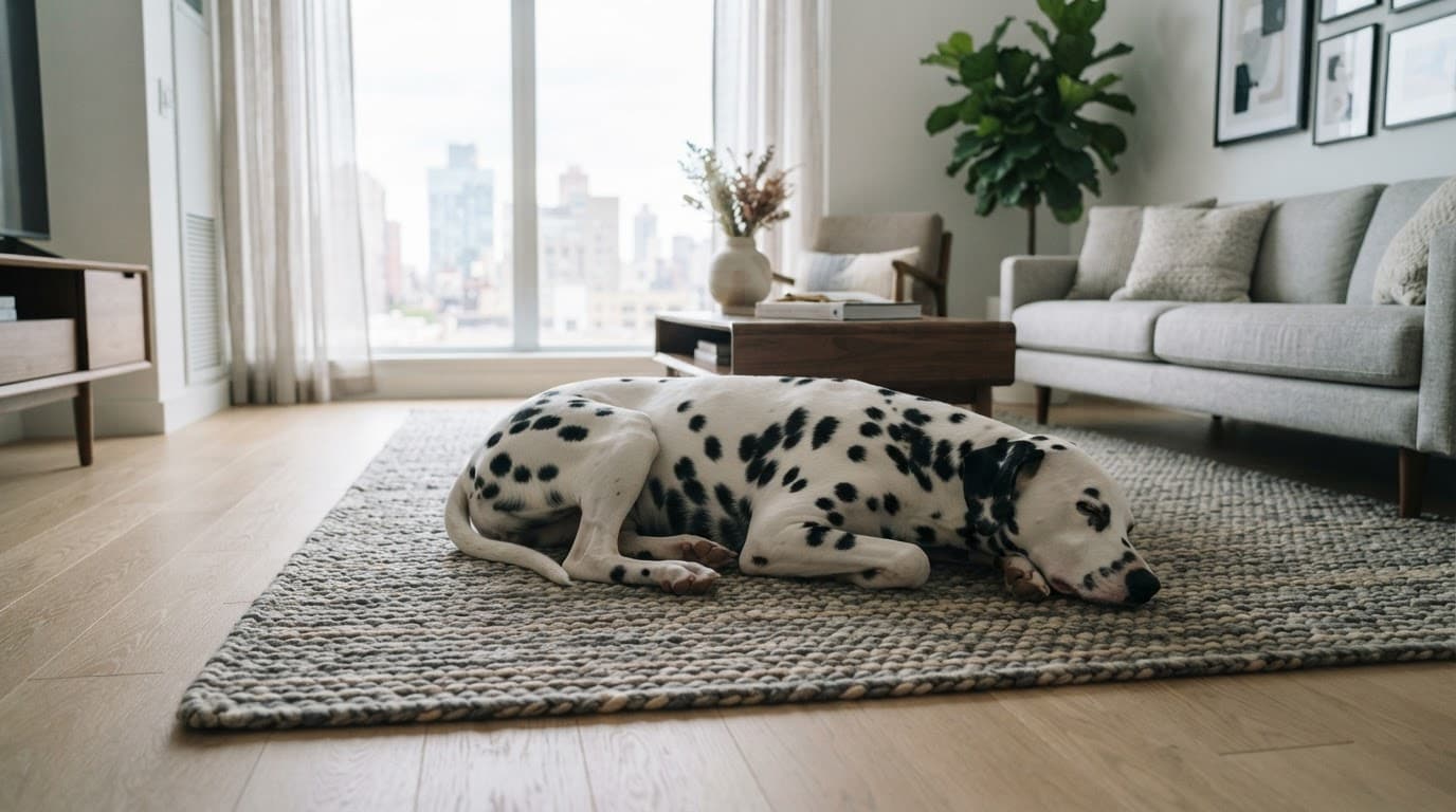 A Dalmatian resting on a woven rug in a bright modern living room.