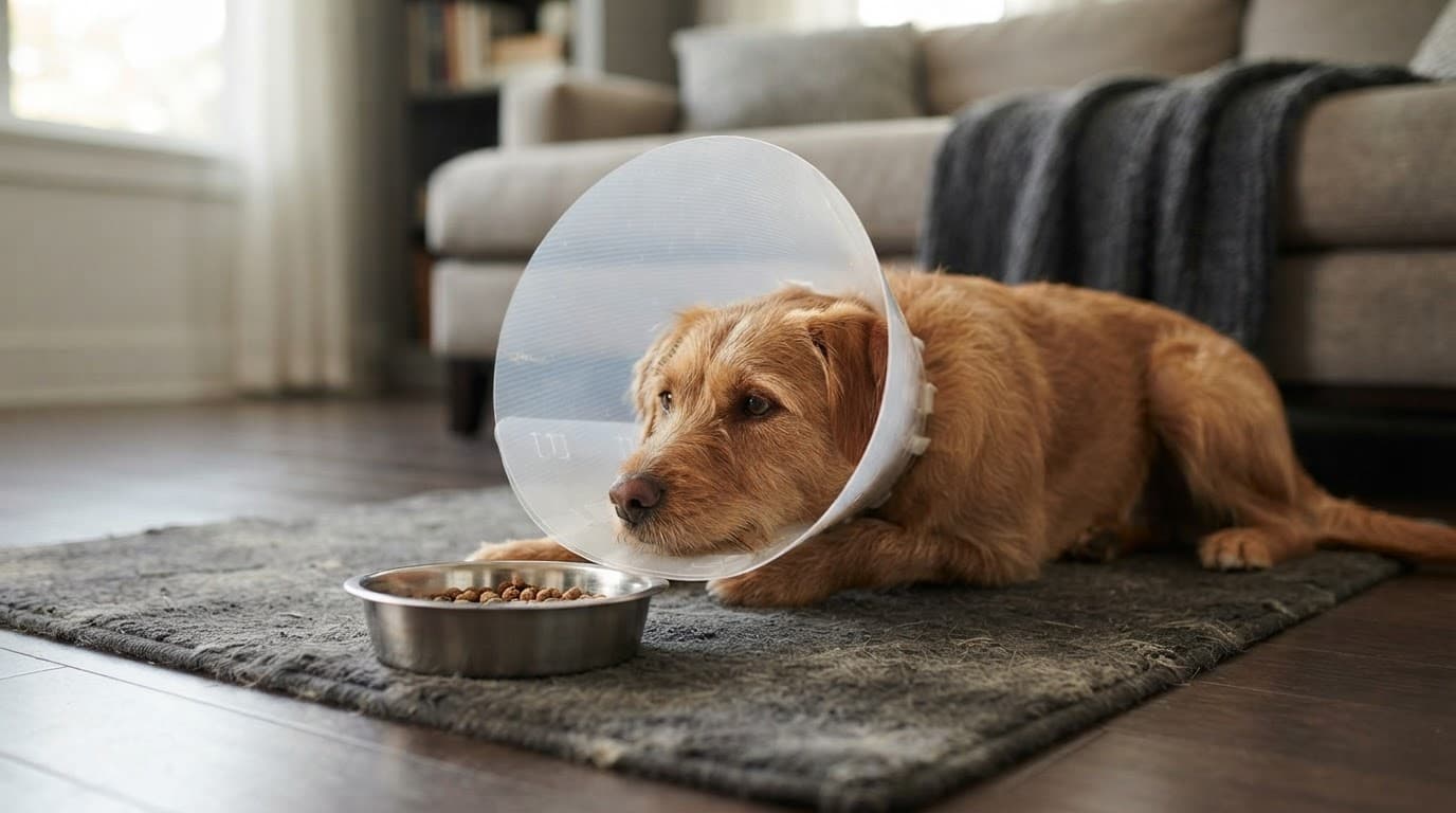Recovering dog in a clear cone beside a shallow feeding dish.