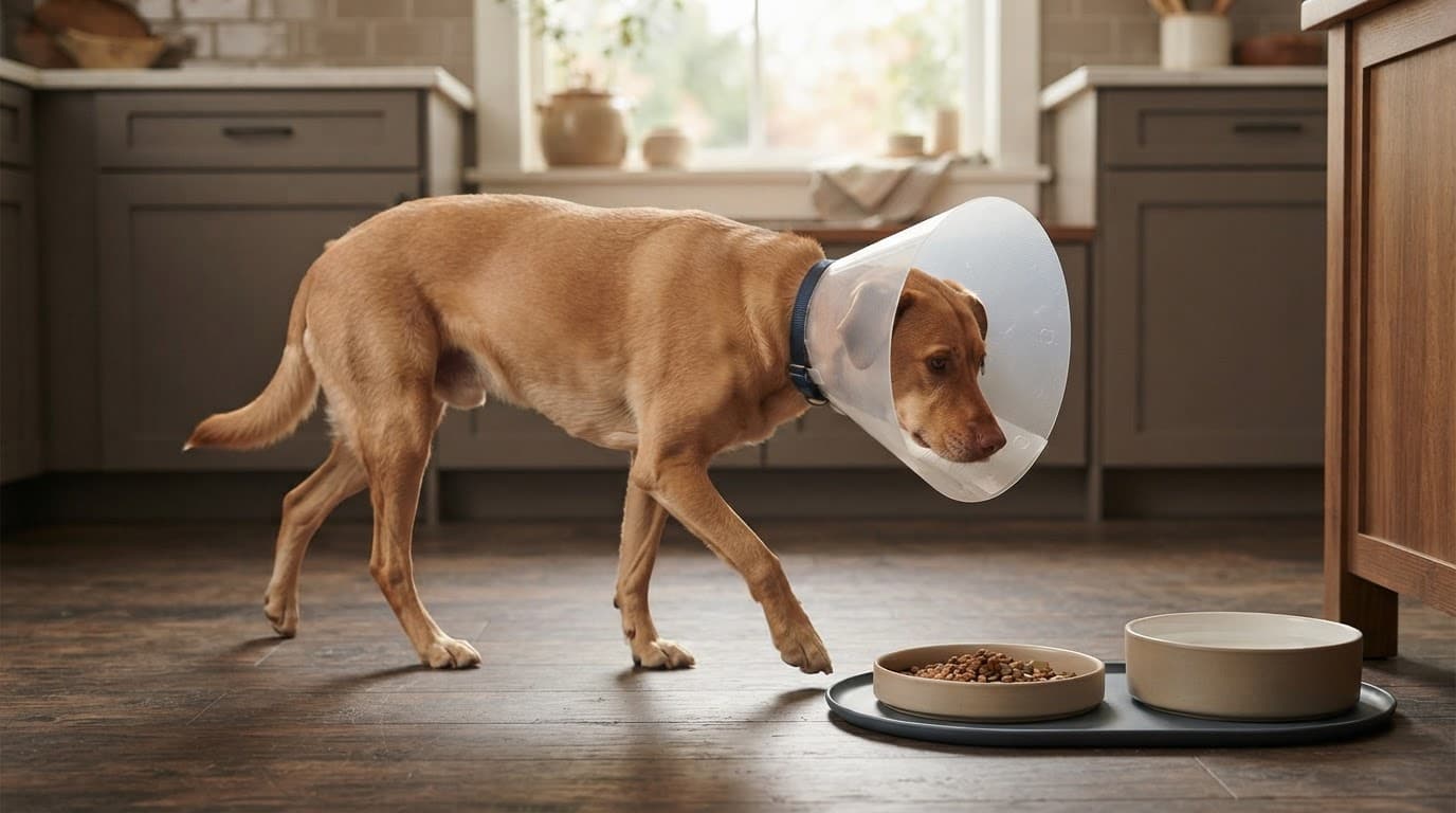 Dog in a recovery cone approaching a shallow plate beside fresh water.