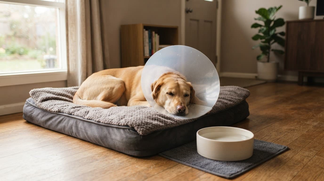 A dog in a clear cone rests beside its bed and water dish.