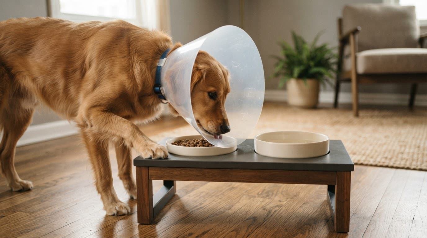 Recovering dog in a clear cone eating and drinking from raised shallow dishes.