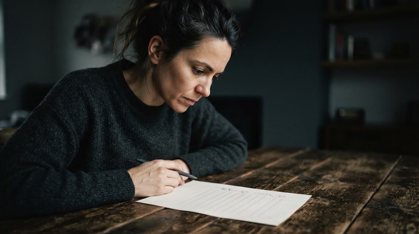 A dog owner reviews a checklist on a wooden table.