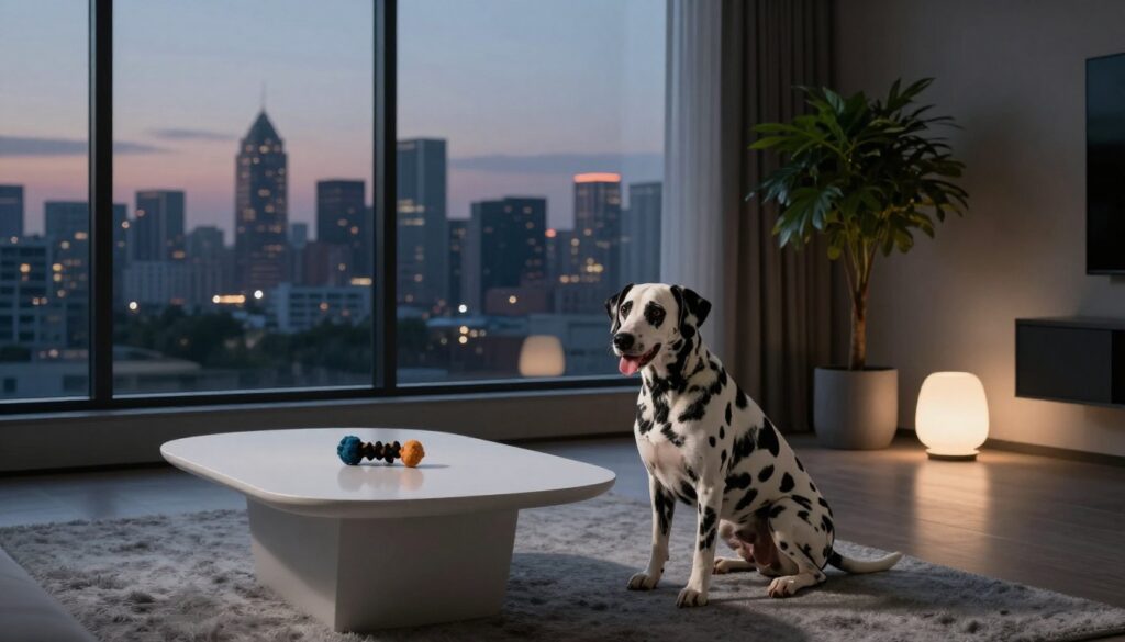 A Dalmatian sits on a gray rug beside a coffee table in a modern apartment.