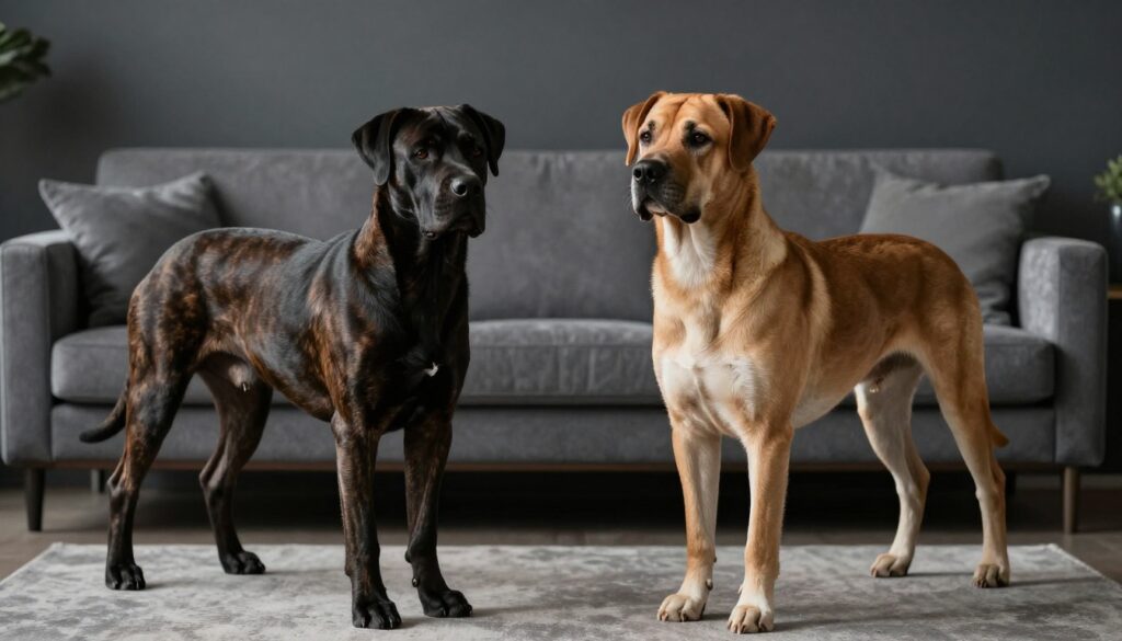 Two female Cane Corsos face each other tensely in a modern living room.