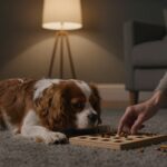 Senior Cavalier Spaniel resting beside a treat puzzle on a rug.