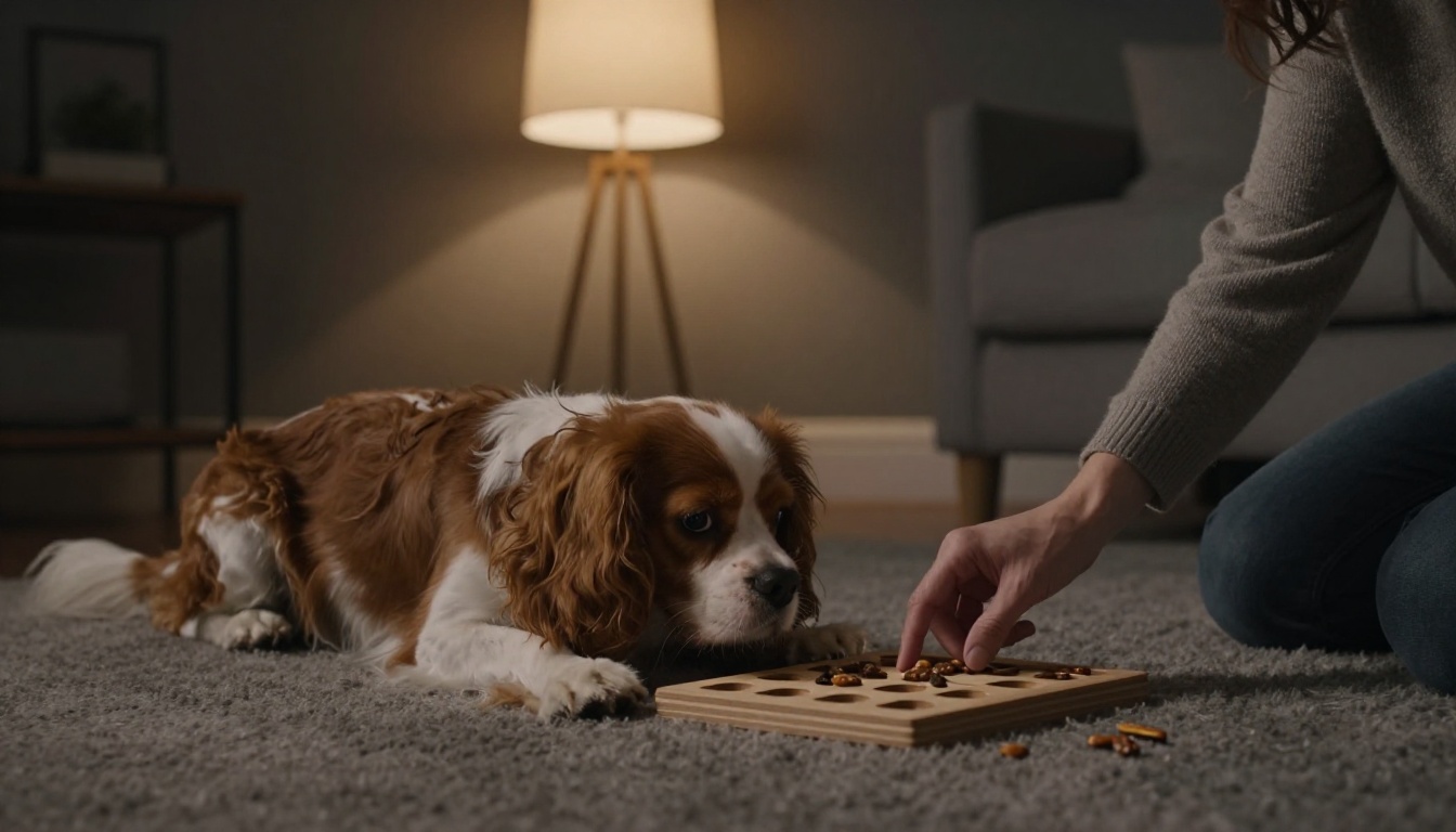 Senior Cavalier Spaniel resting beside a treat puzzle on a rug.