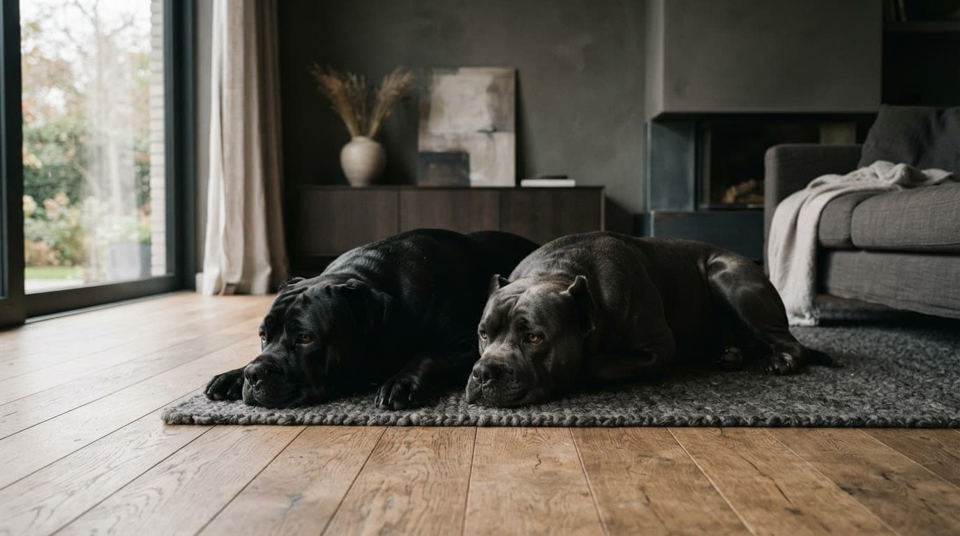Two female Cane Corso dogs resting side by side on a wooden floor.