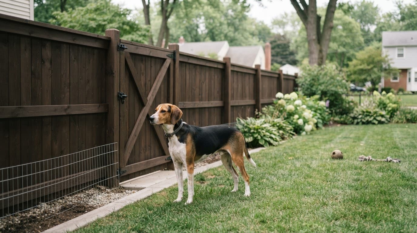 A hound beside a secure backyard fence with toys placed safely away.