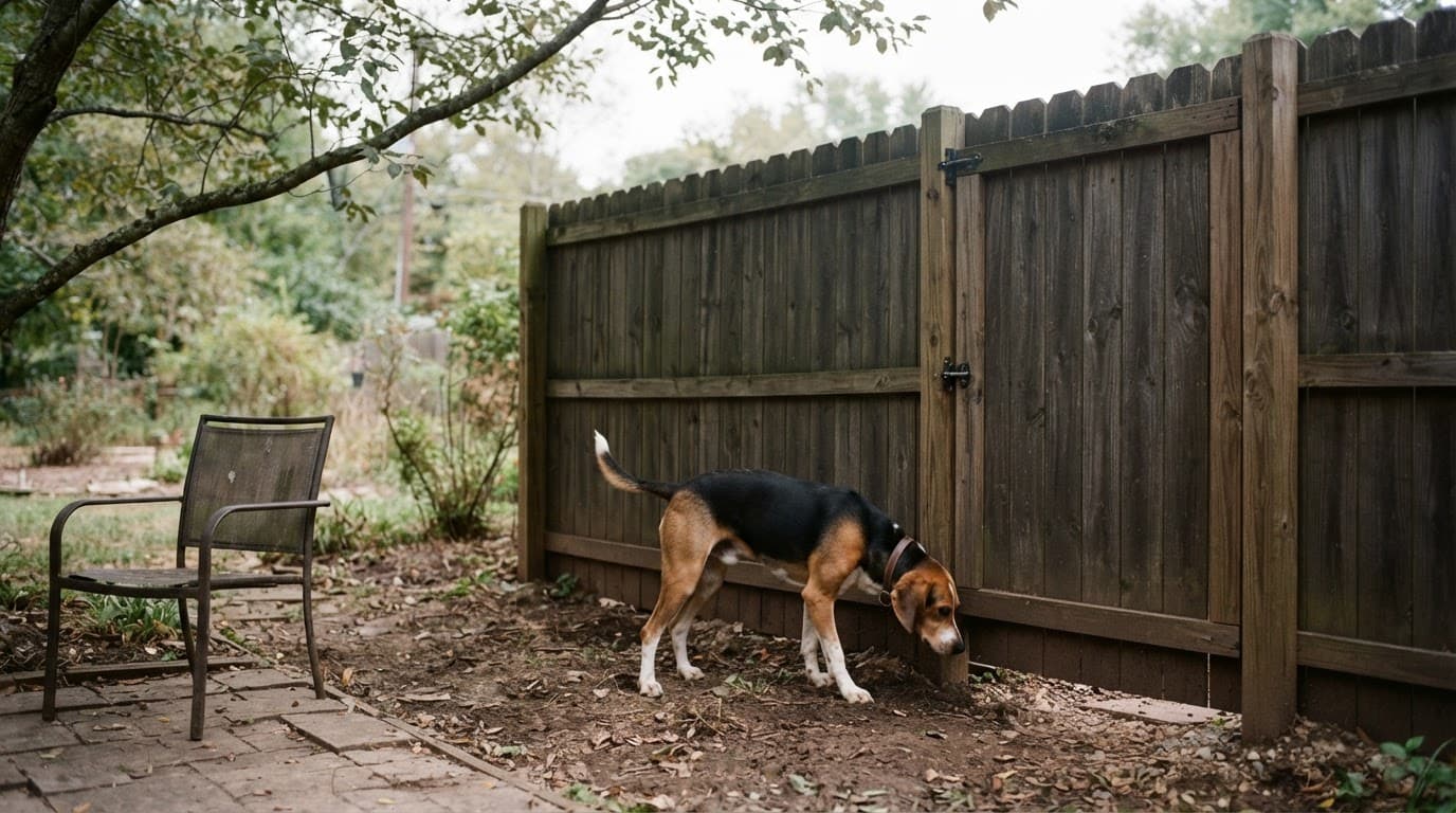 An alert Foxhound inspects loose soil beside a backyard fence and closed gate.
