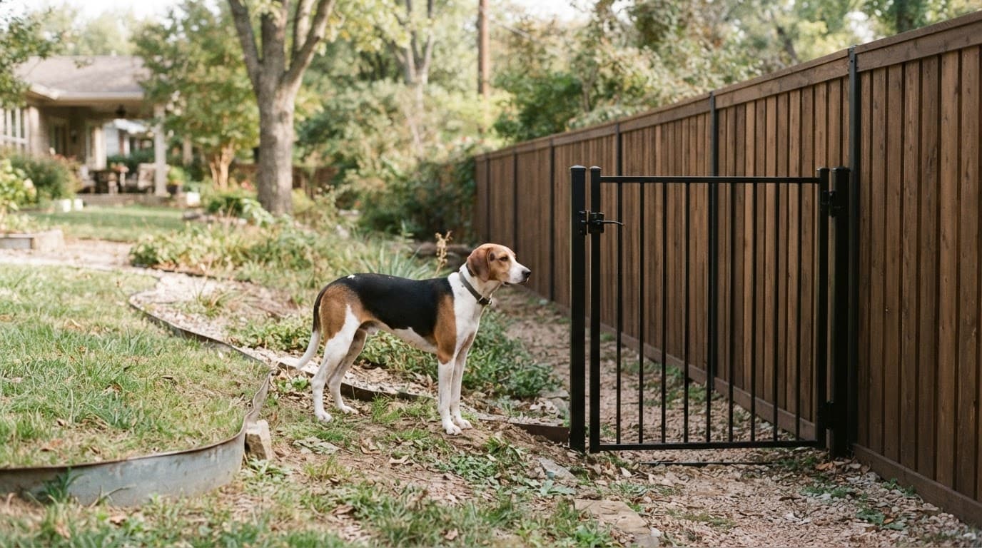 A hound stands beside a fenced yard with a gate and gentle slope.