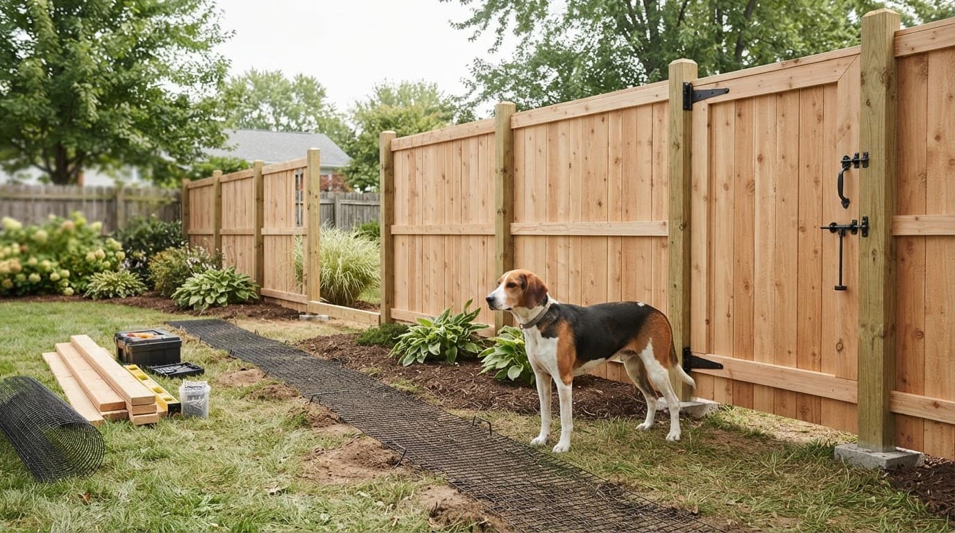 Dog beside a partly built backyard fence with a gate and planned dig barrier.