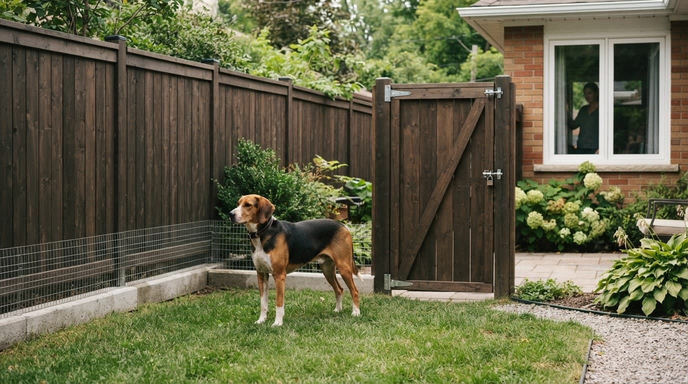 American Foxhound standing beside a reinforced fence and closed gate in a sunny backyard.