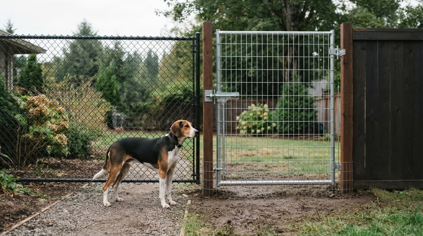 American Foxhound beside a tall backyard fence with a gate and buried dig barrier.