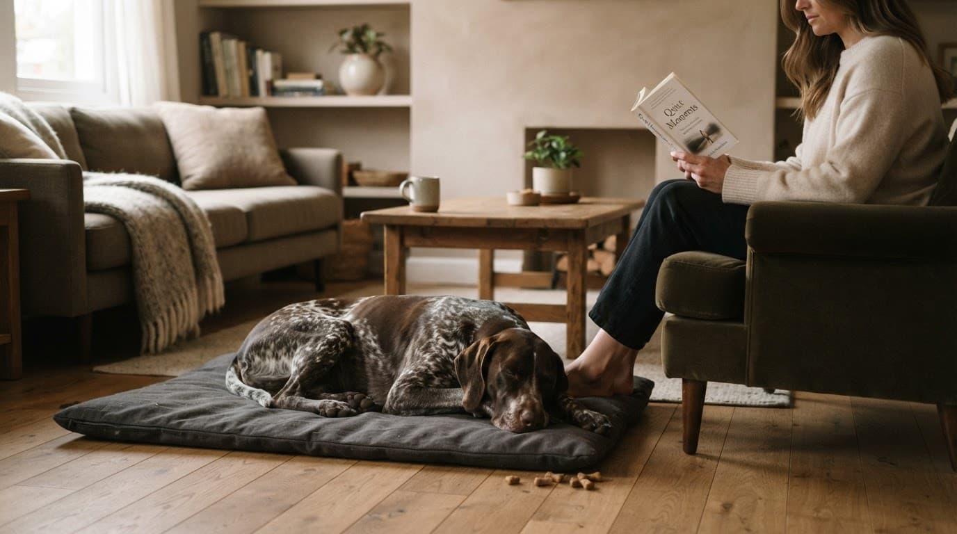 A German Shorthaired Pointer rests on a mat while its owner reads nearby.