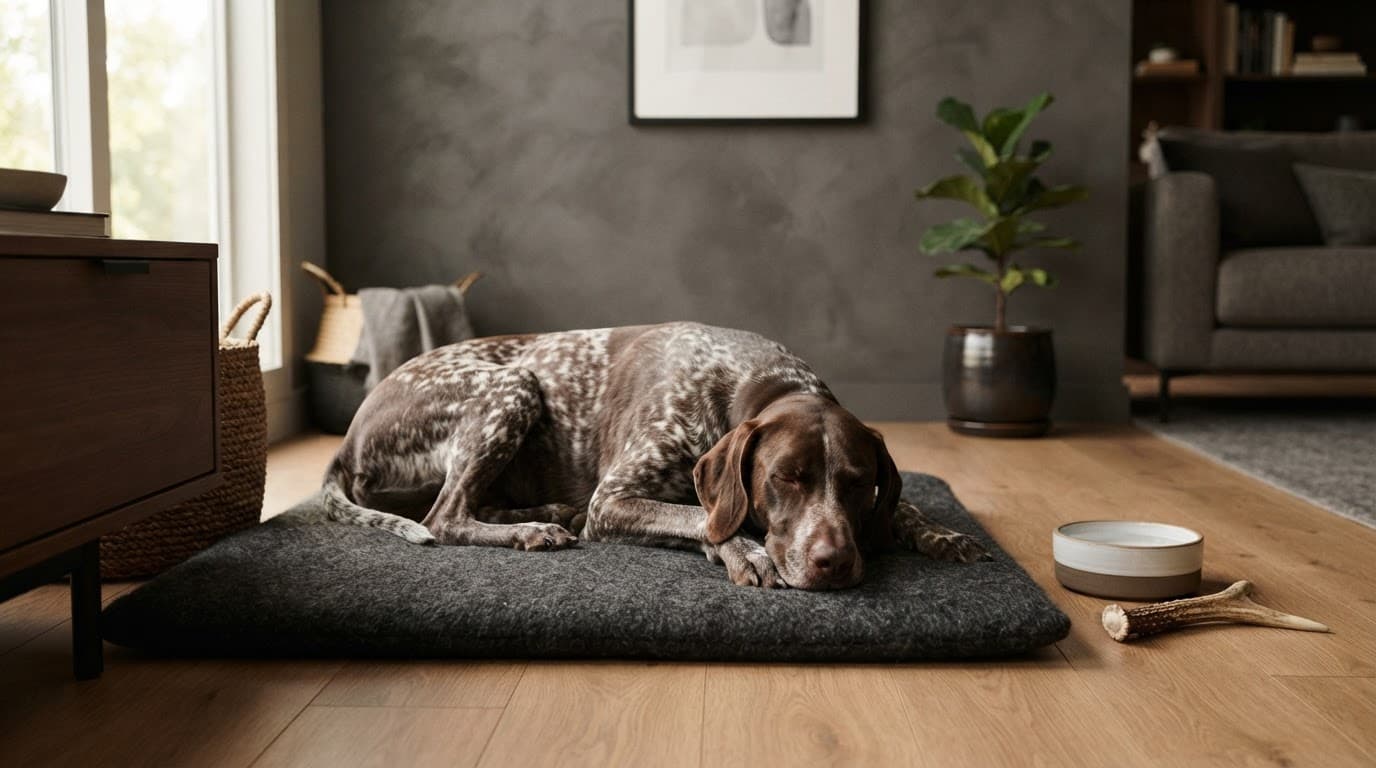 GSP resting on a mat beside a water bowl and chew.