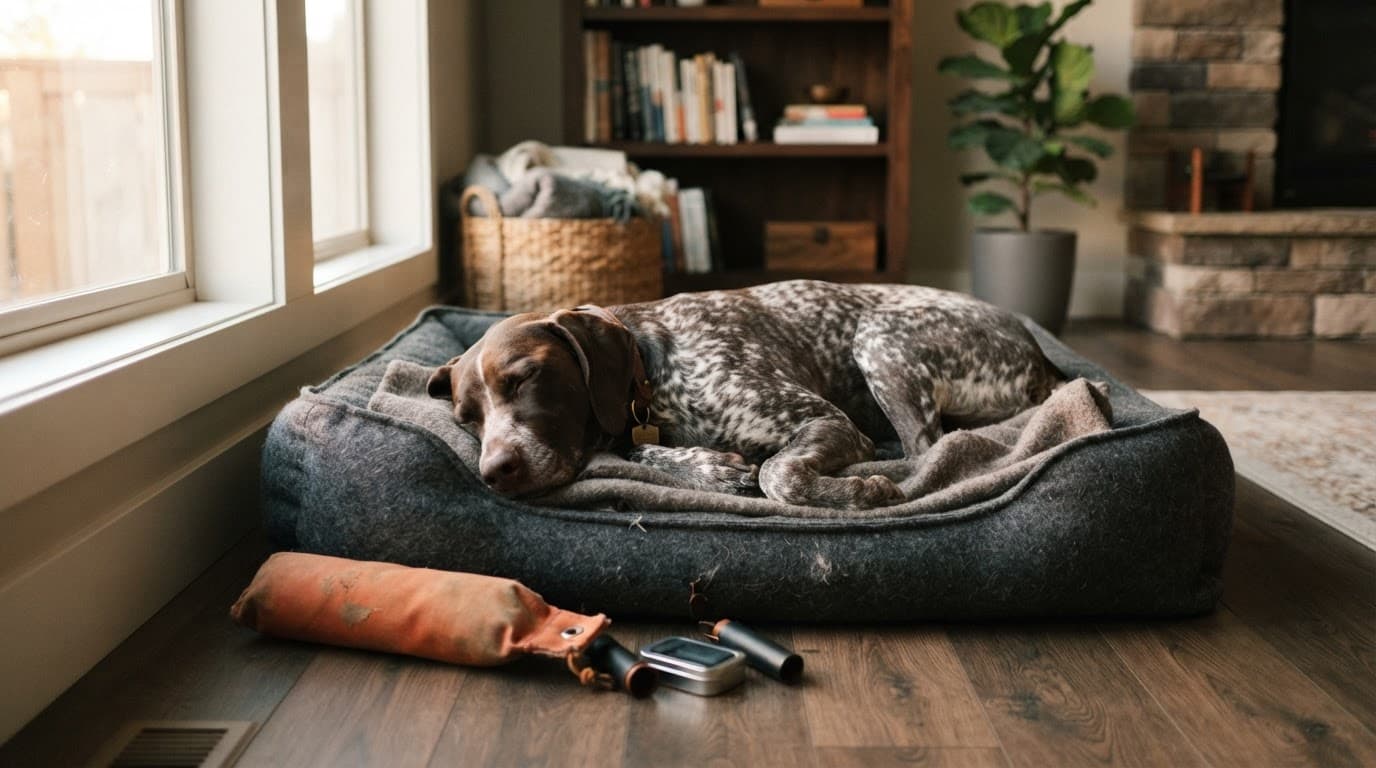 A German Shorthaired Pointer resting on a dog bed beside training items.