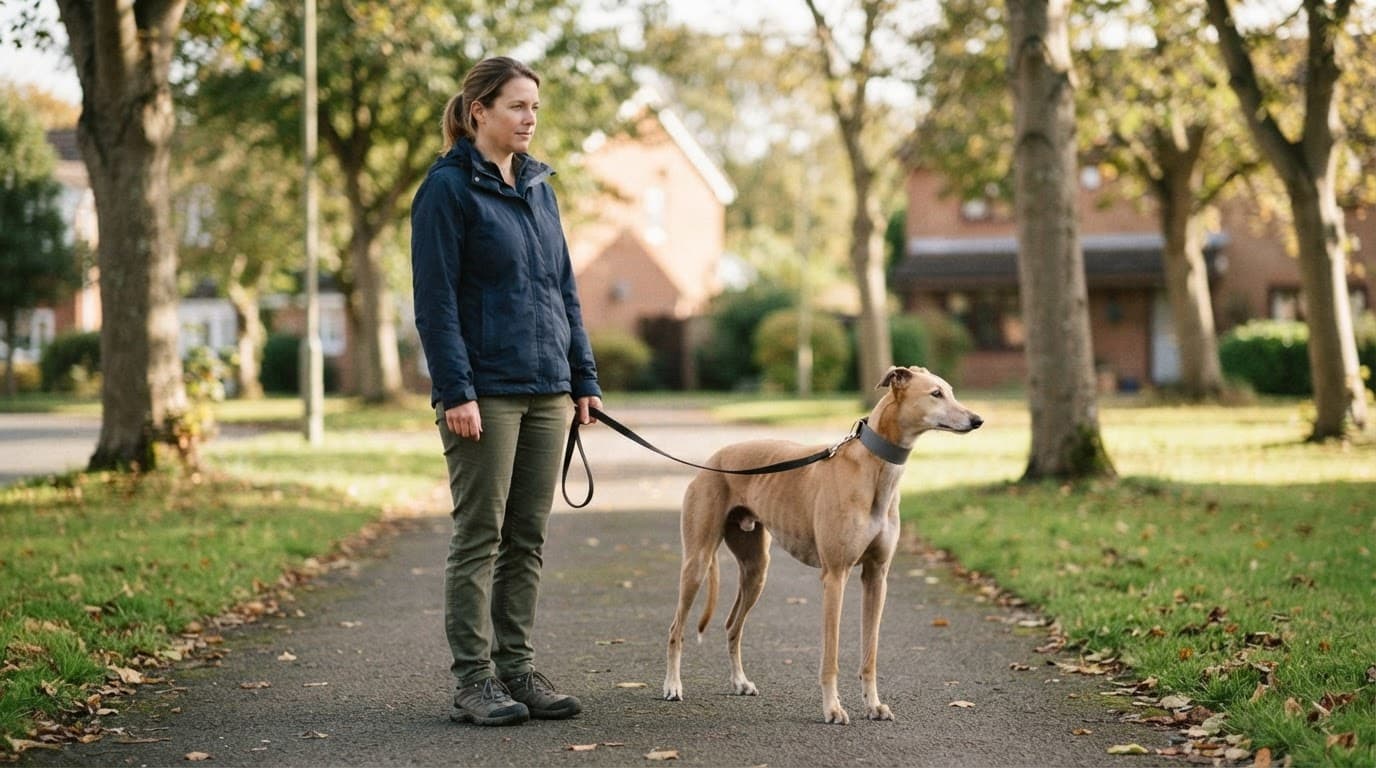 A greyhound pauses on a path as its owner stands nearby with a loose leash.