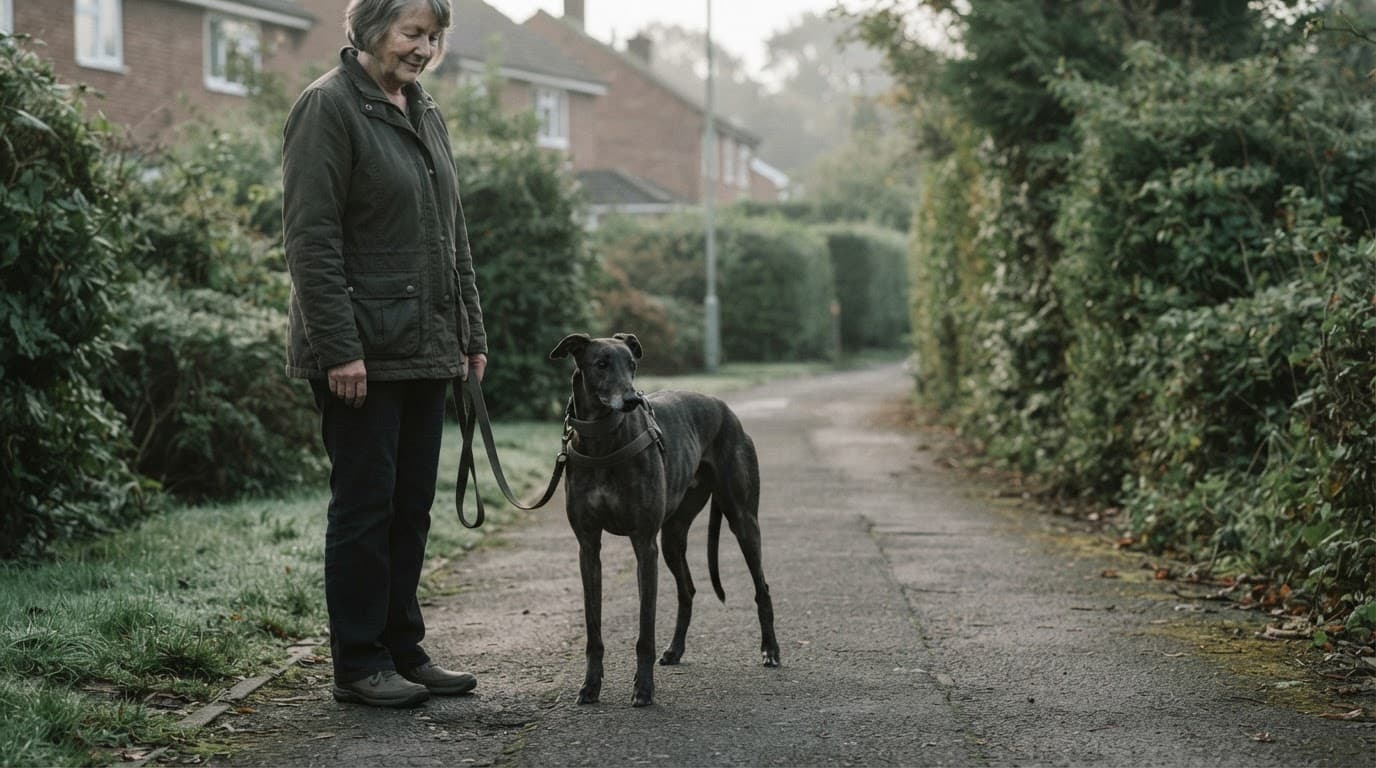 A greyhound pauses beside its owner on a quiet path with a loose leash.
