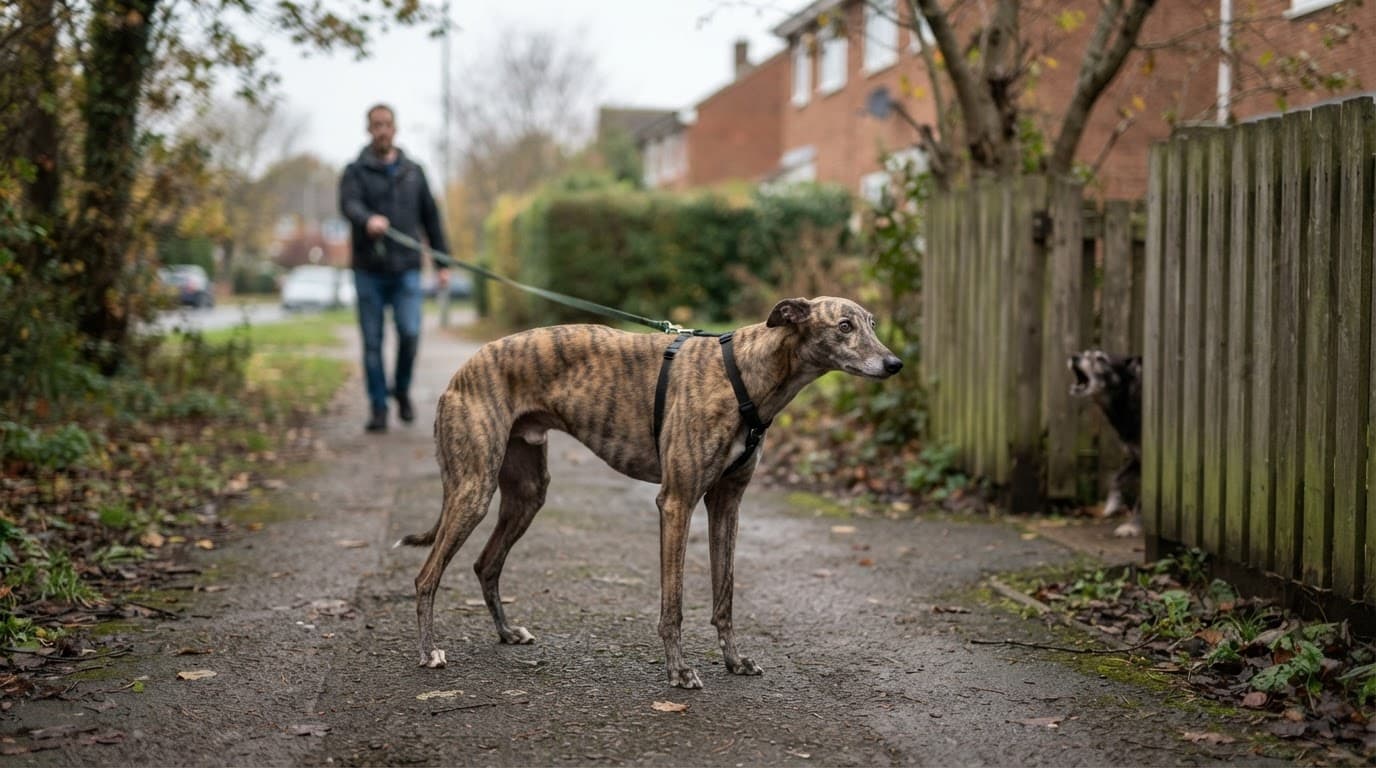 A tense greyhound stands with pinned ears and a tucked tail on a quiet path.