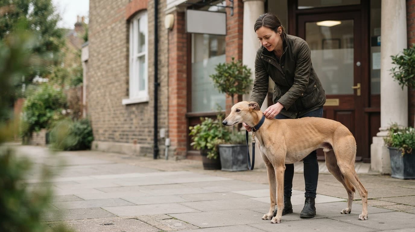 A greyhound stands beside its concerned owner outside a veterinary clinic.