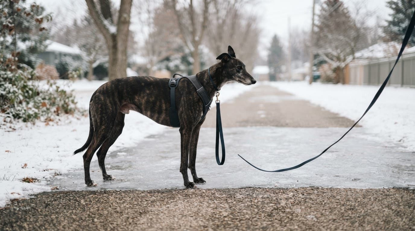 A greyhound pauses beside an icy patch on a quiet winter walking path.