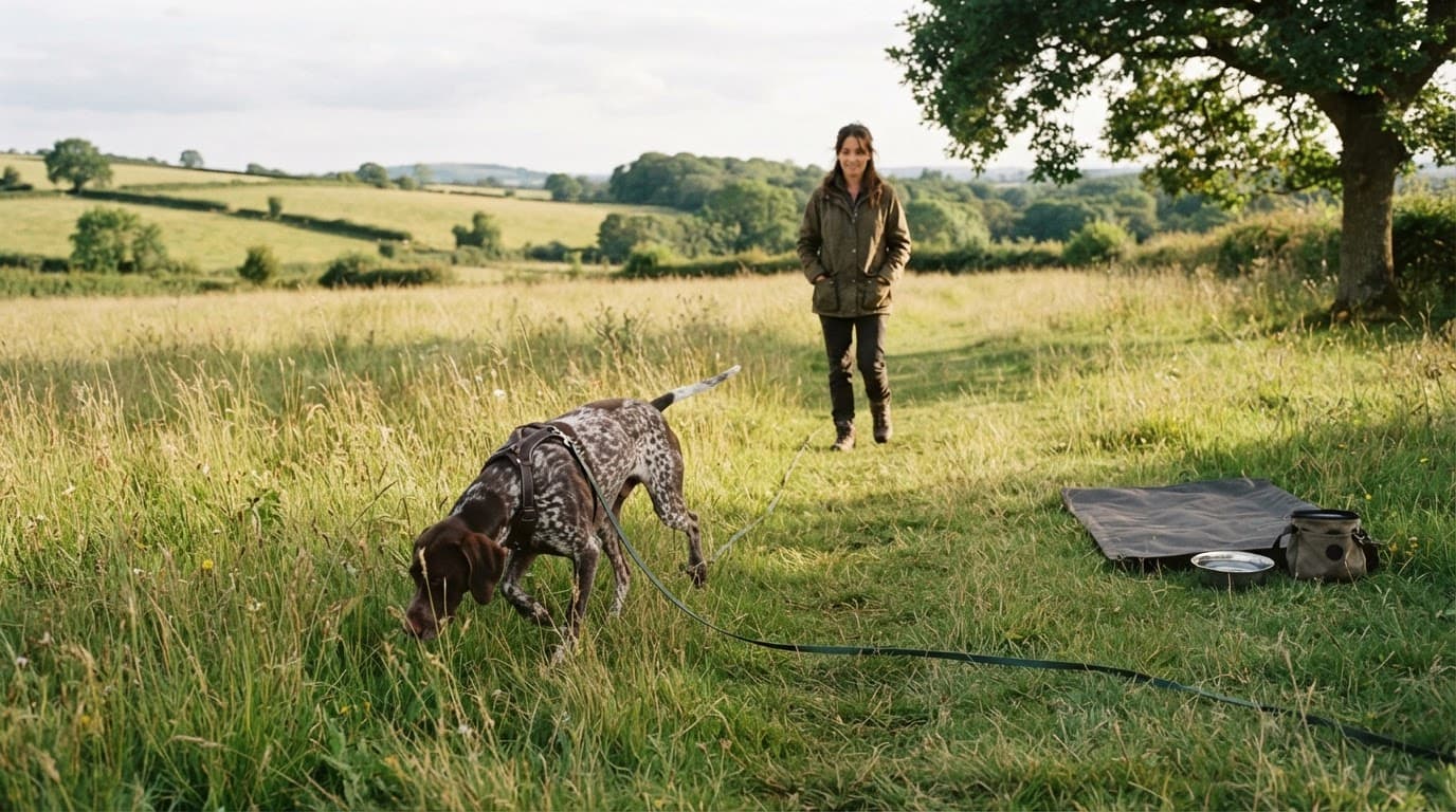 A German Shorthaired Pointer follows a scent trail near its owner, water bowl, and shaded mat.