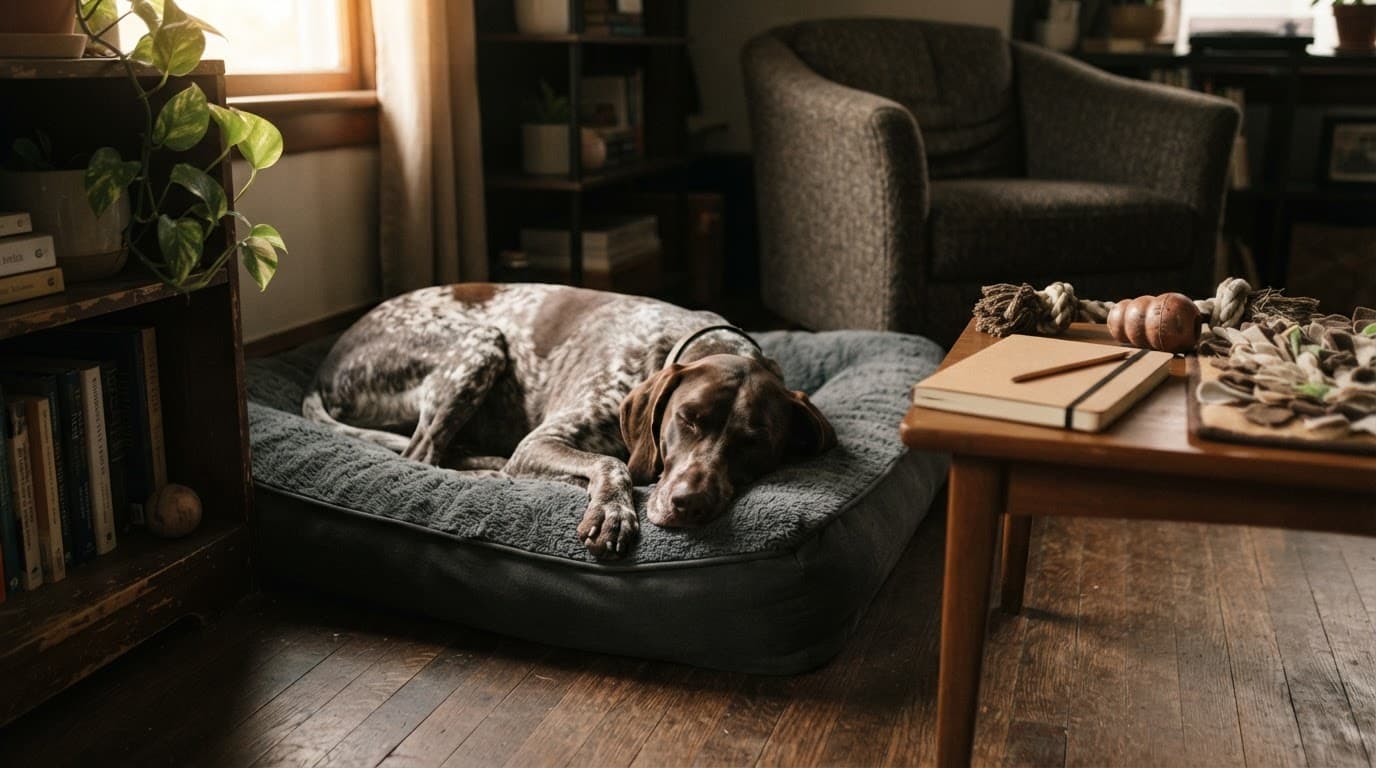 A German Shorthaired Pointer resting on a dog bed beside a notebook and enrichment toys.