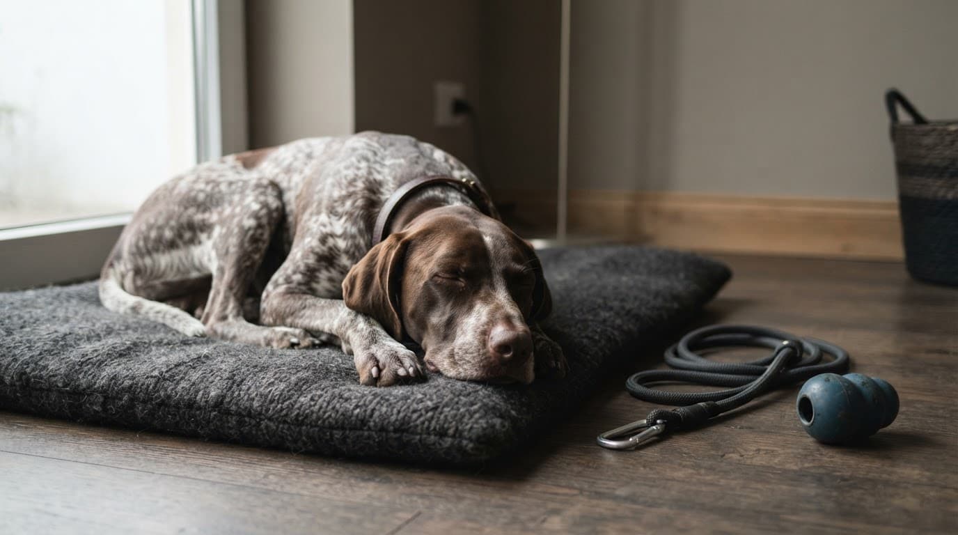 A German Shorthaired Pointer resting on a mat with a leash and toy nearby.