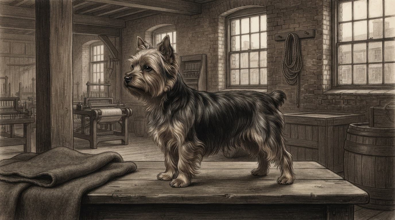 A Yorkshire Terrier stands beside a wooden show table in a dim historic mill interior.
