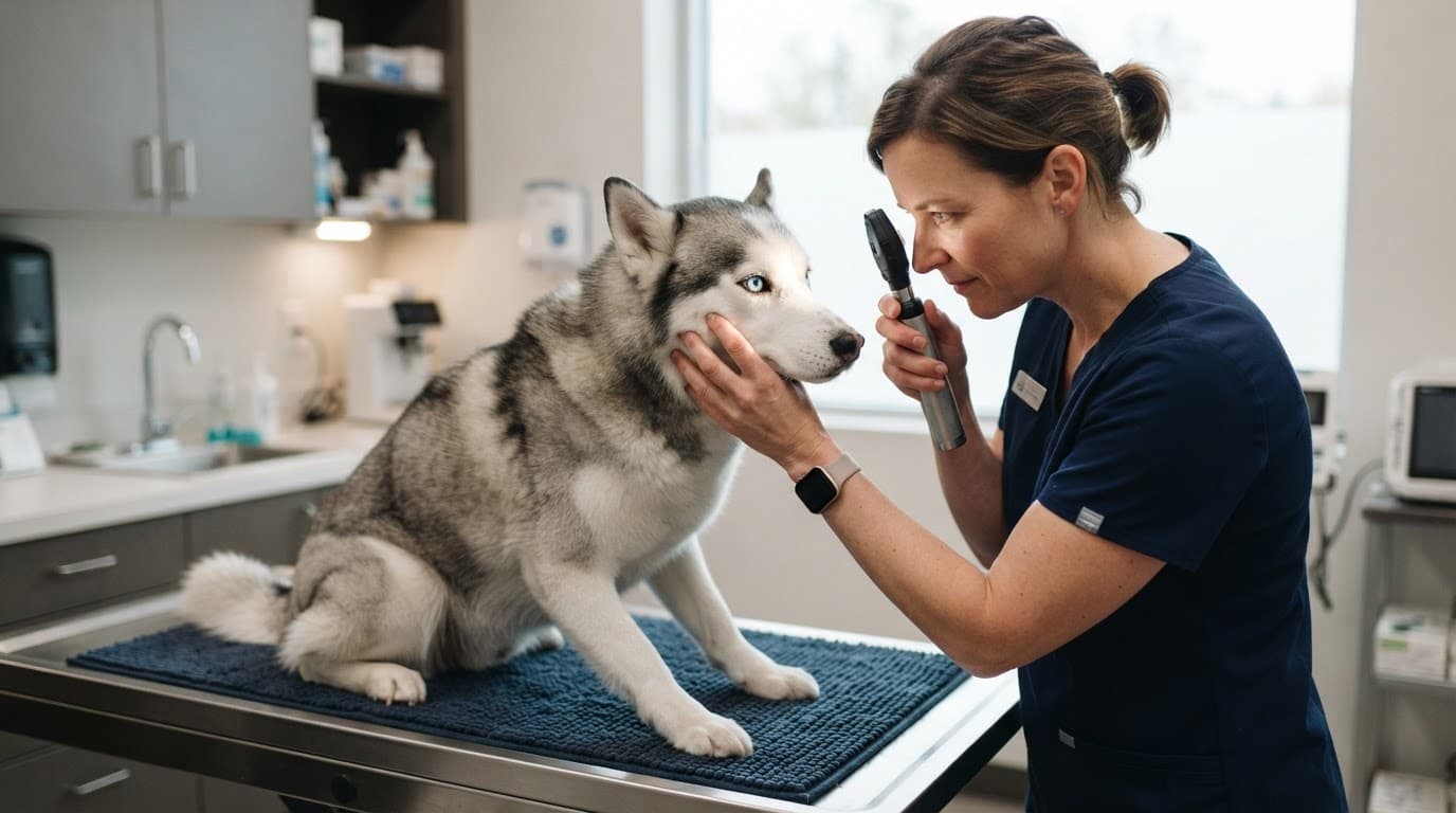 A veterinarian checks a Siberian Husky's eyes in a modern clinic.