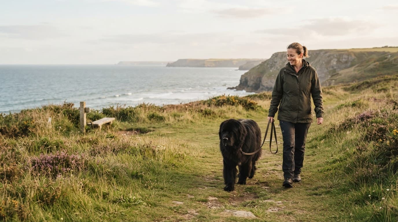 A Newfoundland dog walks beside its owner on a grassy coastal path.