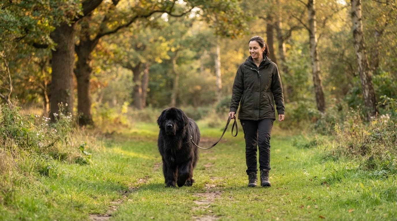 A black Newfoundland walks beside one adult on a grassy path.