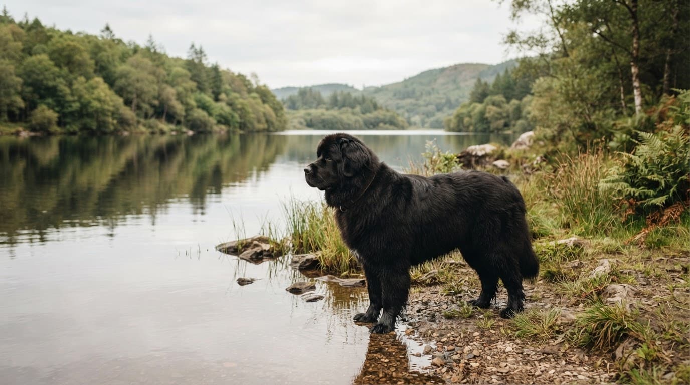 A Newfoundland dog stands beside a gently sloped freshwater swimming area.