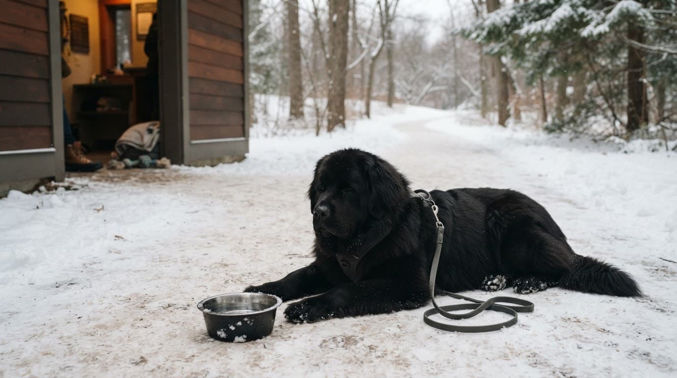 A Newfoundland dog rests beside a snowy path with a leash and water bowl.