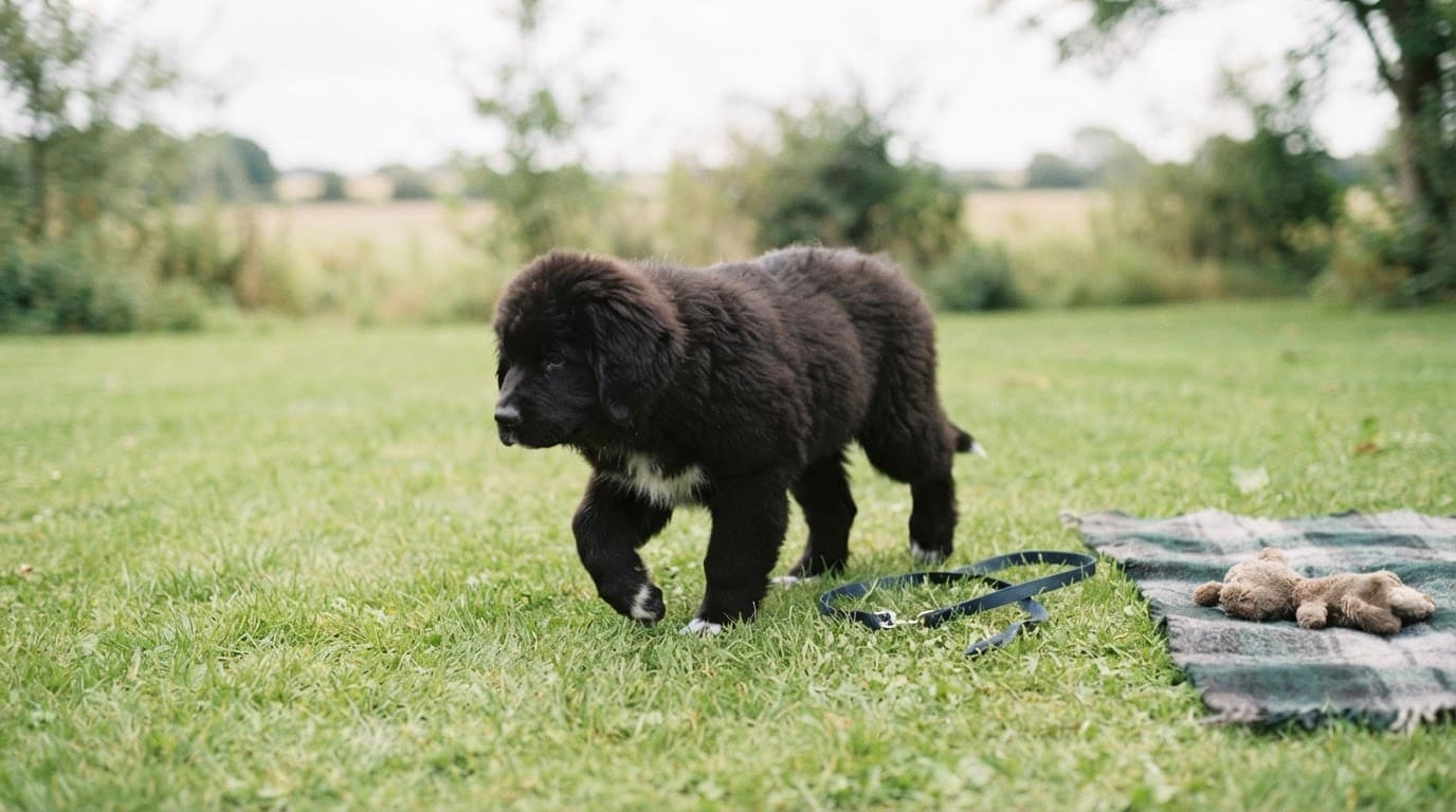 Newfoundland puppy walking gently on grass beside a leash and resting blanket.