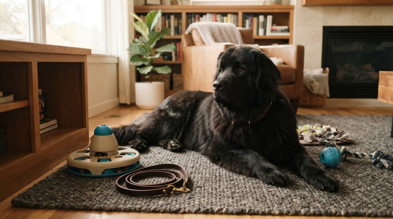 Newfoundland dog resting beside a puzzle feeder, leash, and enrichment toys.