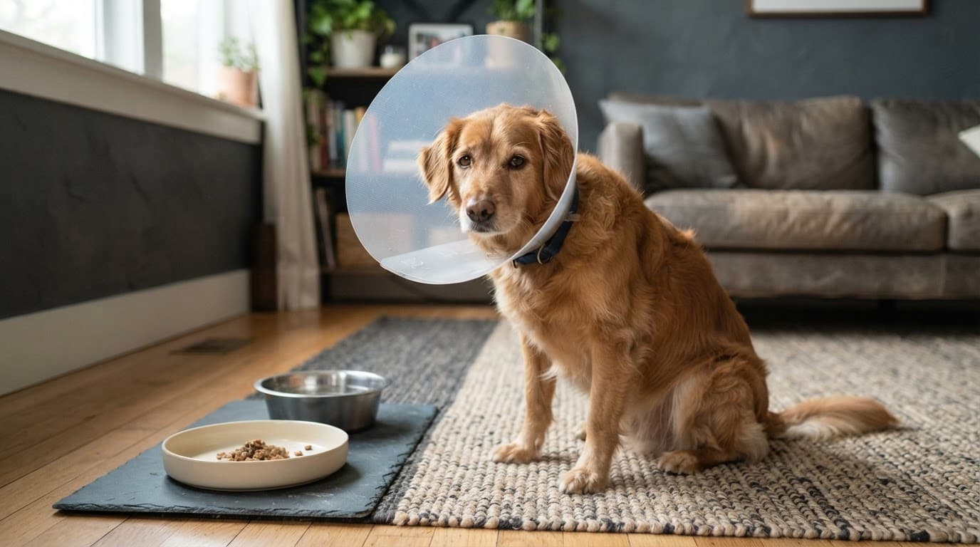 A tired dog in a clear cone sits beside food and water bowls.