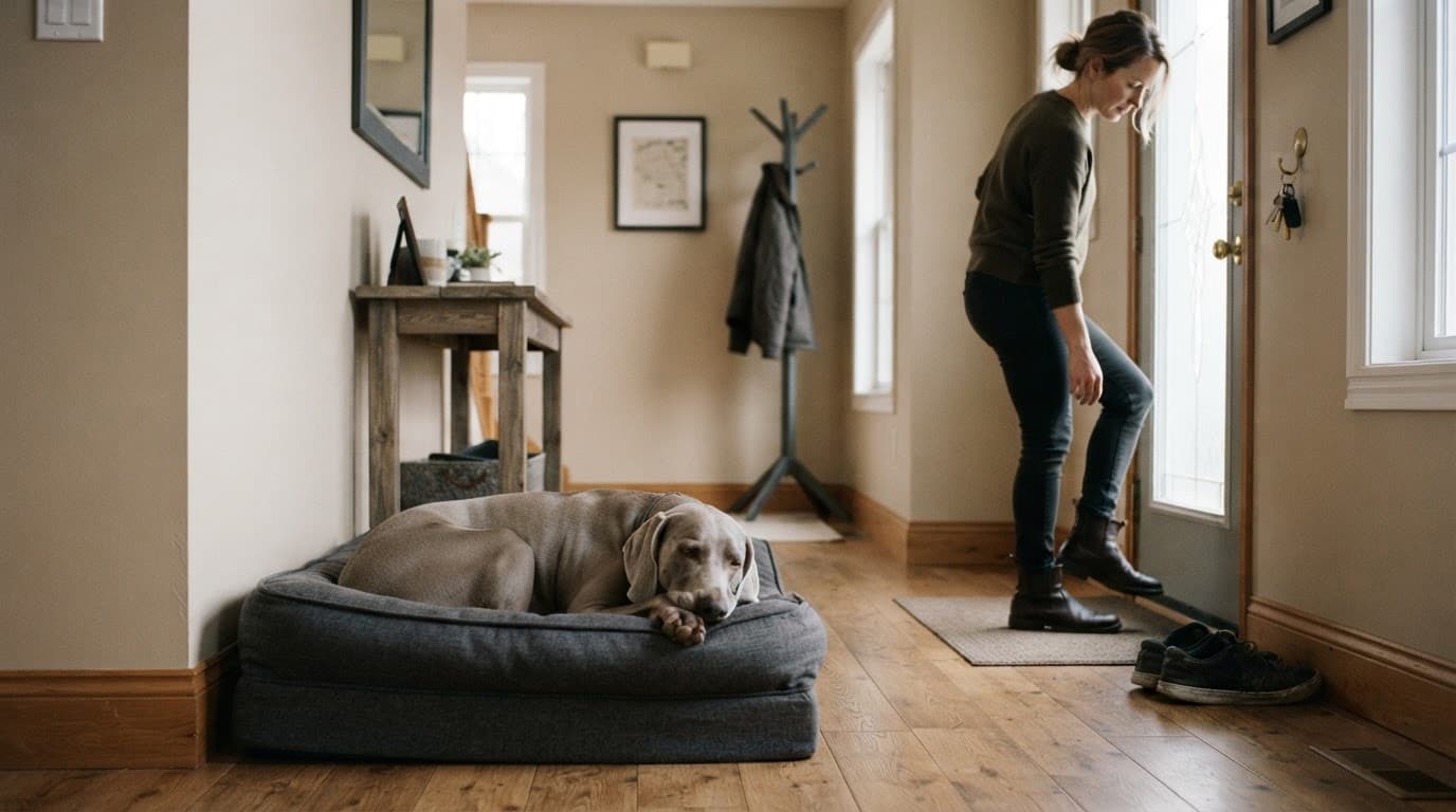 A relaxed Weimaraner rests on a dog bed as its owner stands by the doorway.