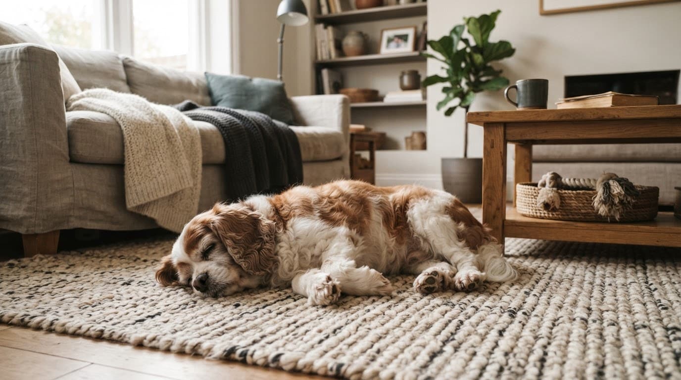 Senior Cavalier resting on a textured rug in a warmly lit living room.