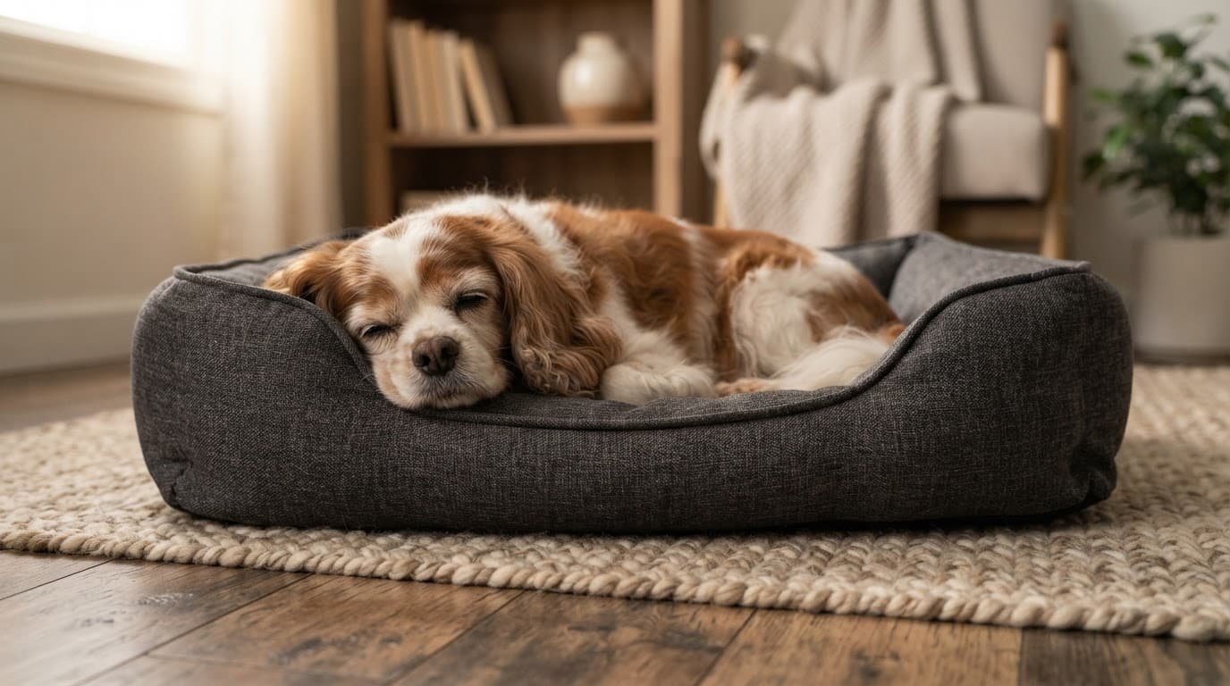 Senior Cavalier resting on an orthopedic bed over a textured rug.
