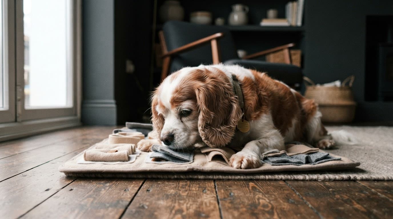 Senior Cavalier sniffing a soft puzzle mat on a wooden floor.