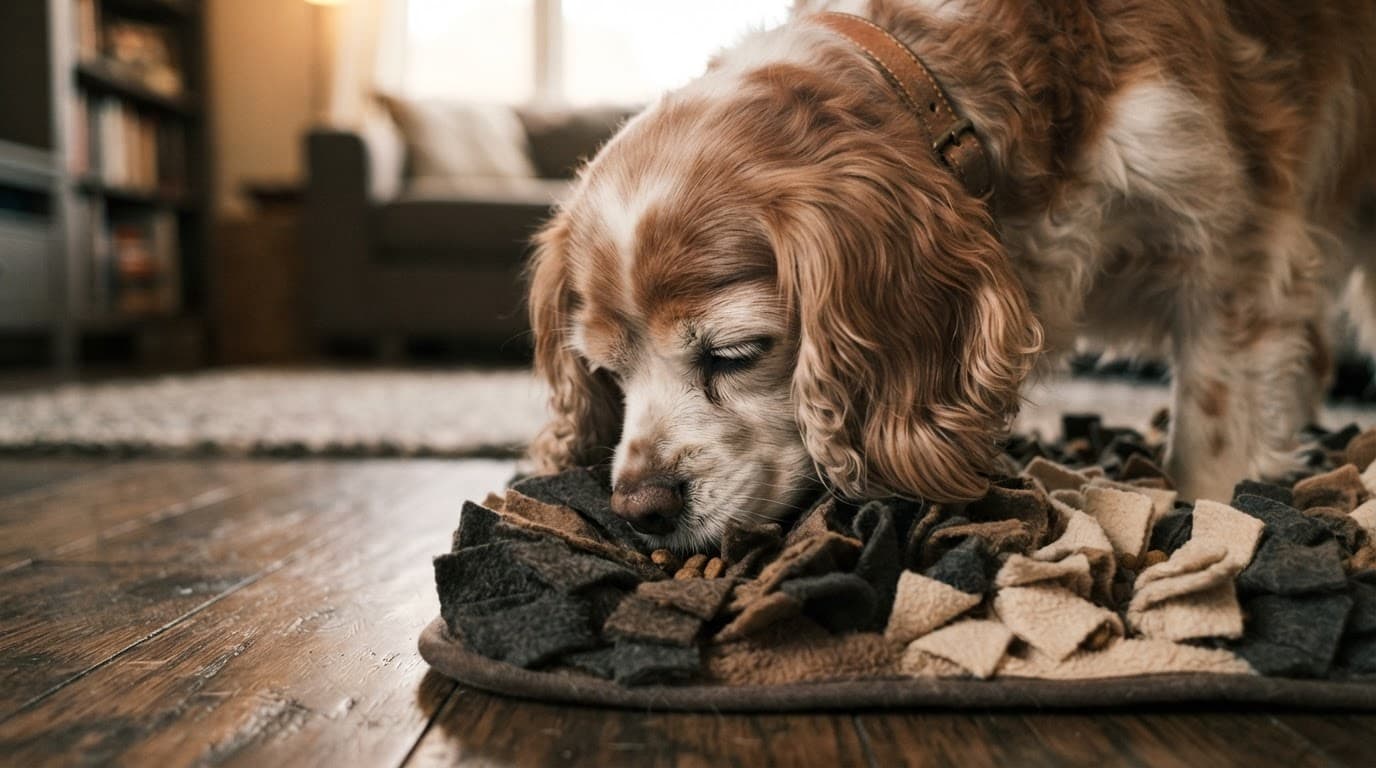 Senior Cavalier sniffing a small enrichment mat on a hardwood floor.