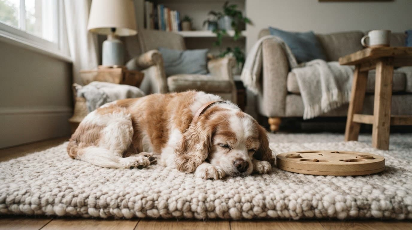 Senior Cavalier spaniel resting on a mat beside a puzzle toy in a cozy room.