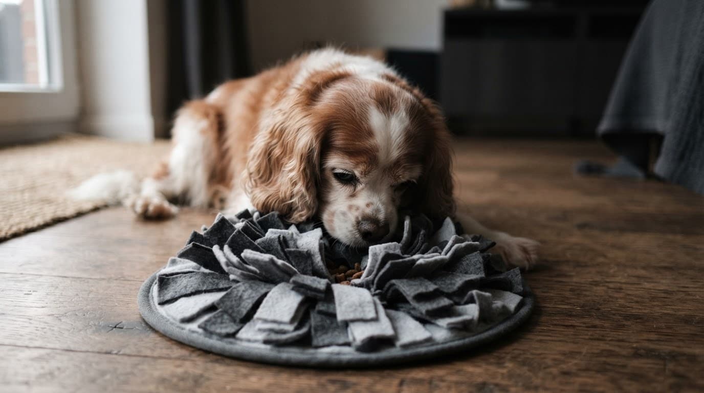 Senior Cavalier sniffing a gray snuffle mat on a wooden floor.